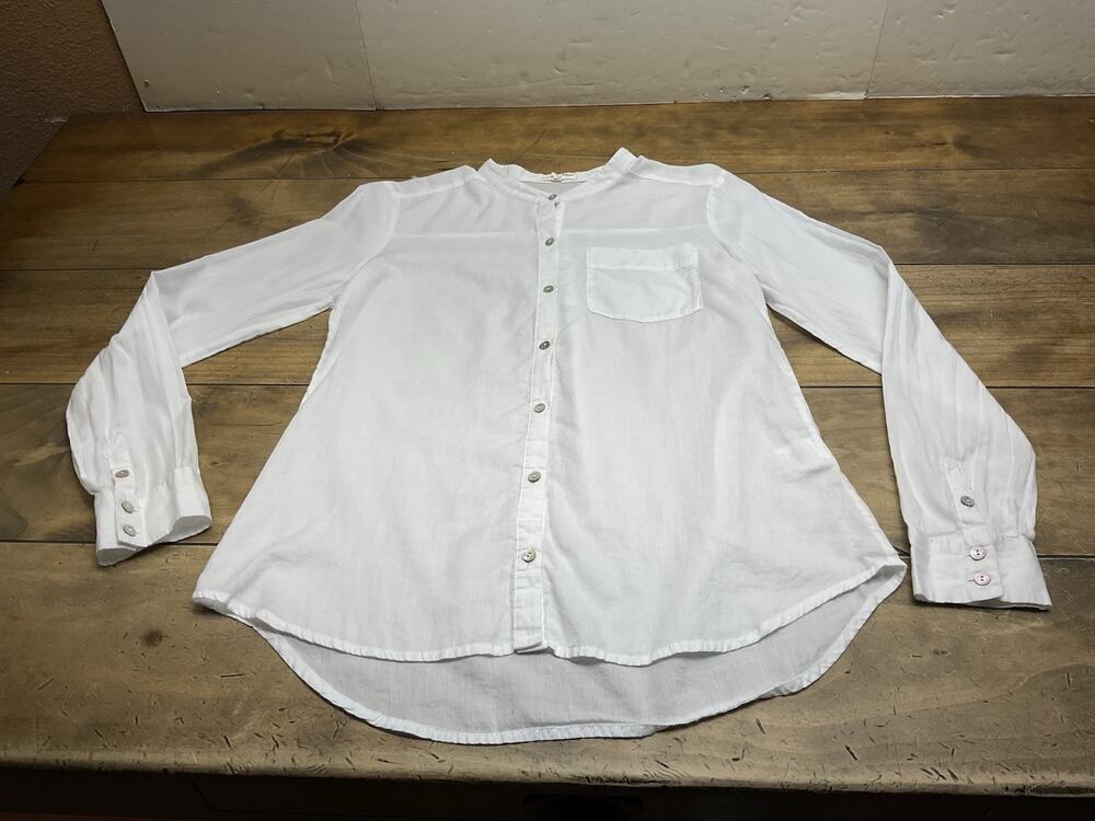 Eileen Fisher Organic Cotton Band Collar Shirt White Long Sleeve Top Size XXS